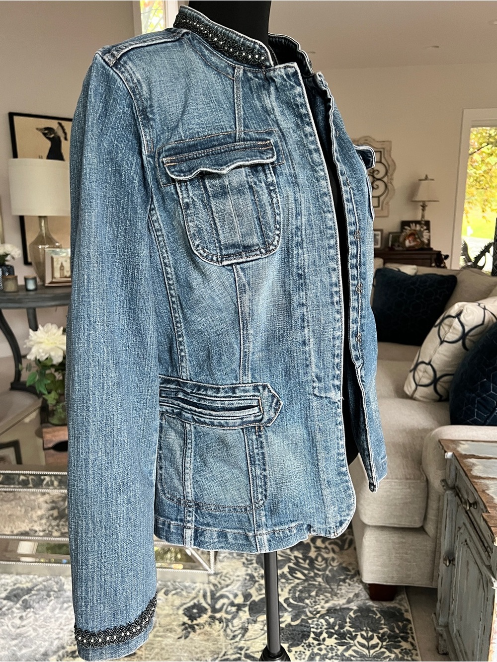 Washed Blue Denim Jacket with Bead-Trim Stand Collar - Picture 12 of 15